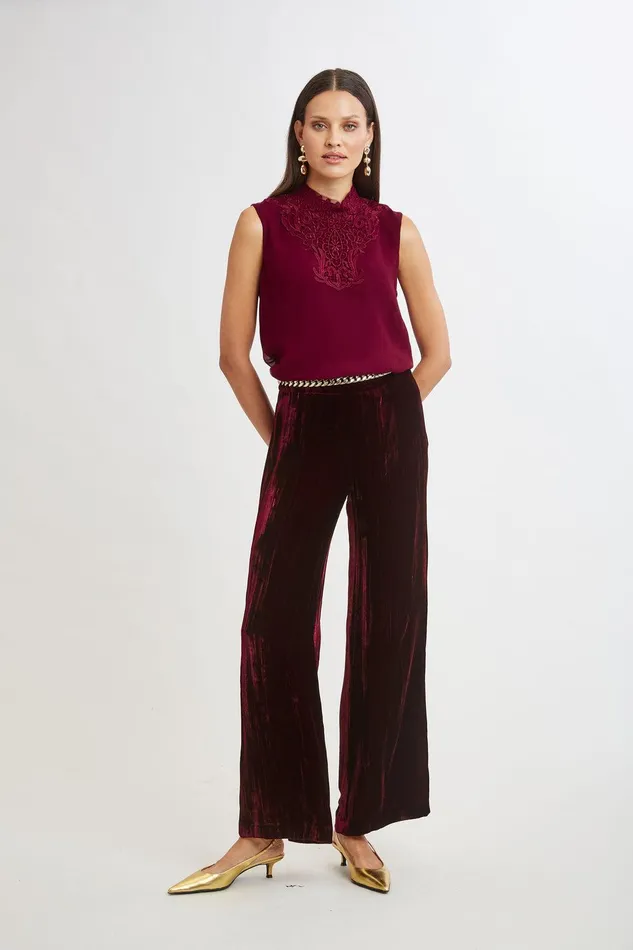 Elie Tahari Plisse Velvet Fluid Pant Burgundy Women Suiting