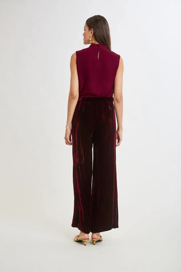 Elie Tahari Plisse Velvet Fluid Pant Burgundy Women Suiting