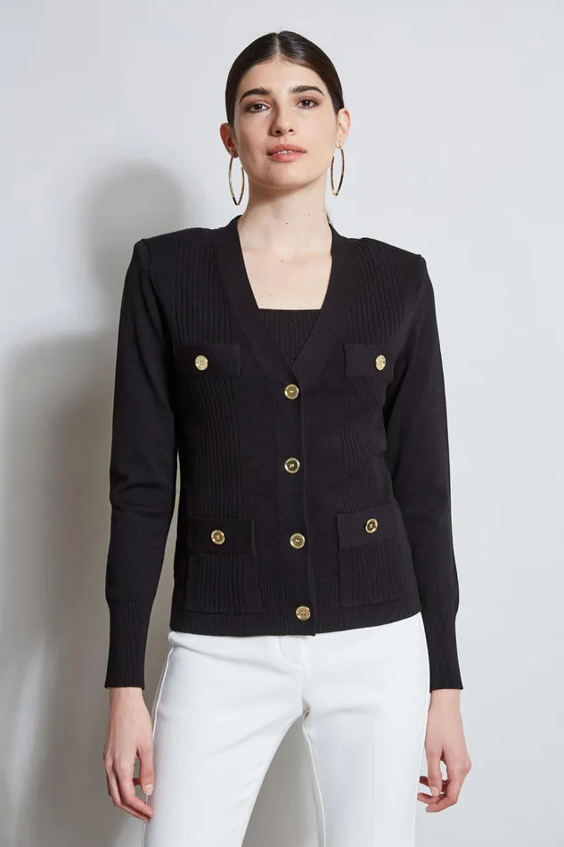 Elie Tahari Rib Button Sweater Black Women Tops