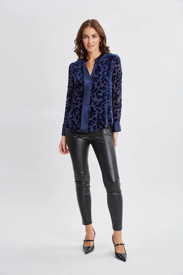 Elie Tahari Satin Velvet Burnout Shirt Stargazer Women Tops