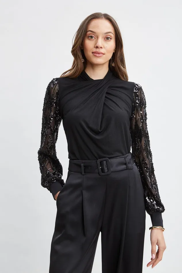 Elie Tahari Sequin Sleeve Twist Neck Knit Black Women Tops
