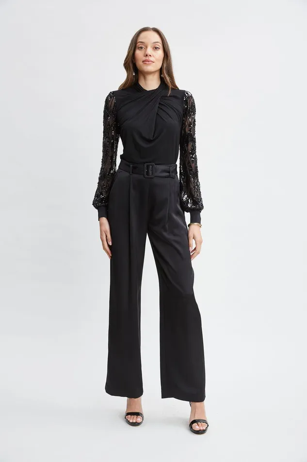 Elie Tahari Sequin Sleeve Twist Neck Knit Black Women Tops