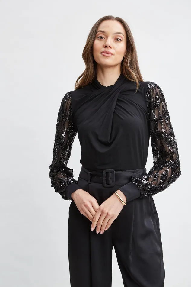 Elie Tahari Sequin Sleeve Twist Neck Knit Black Women Tops