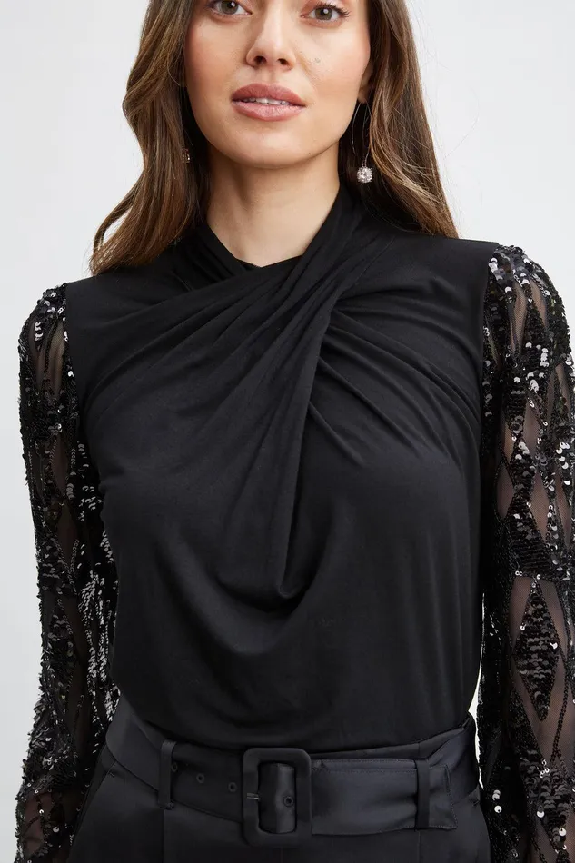 Elie Tahari Sequin Sleeve Twist Neck Knit Black Women Tops