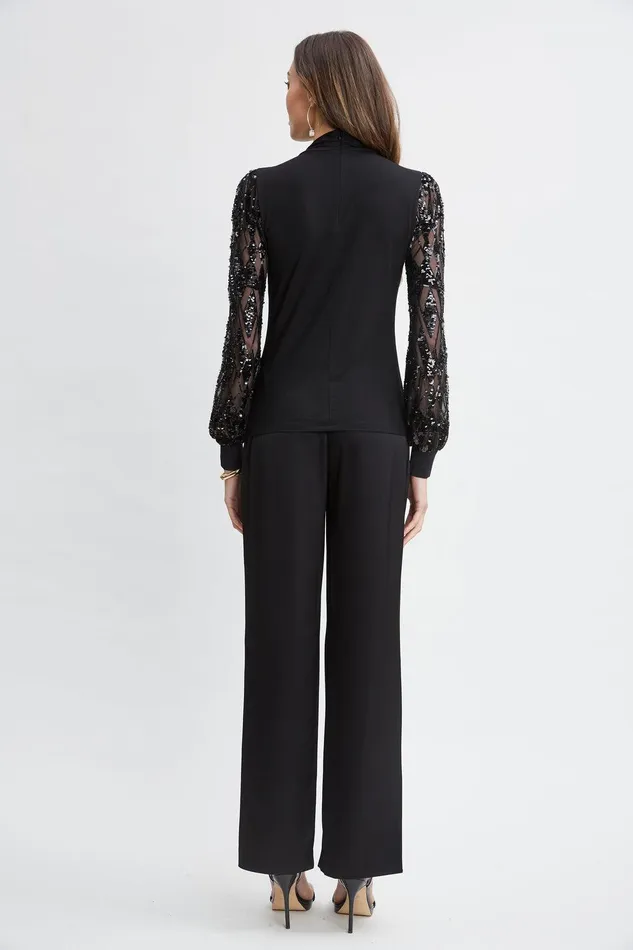 Elie Tahari Sequin Sleeve Twist Neck Knit Black Women Tops