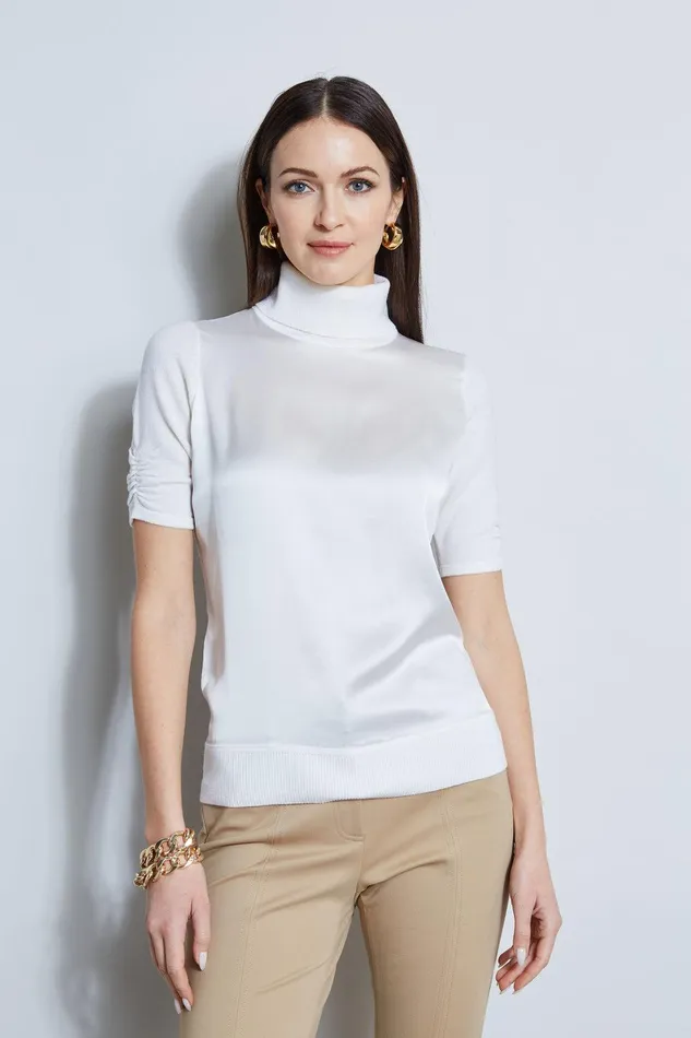 Elie Tahari Short Sleeve Satin Front Sweater Fresh Pearl Women Tops