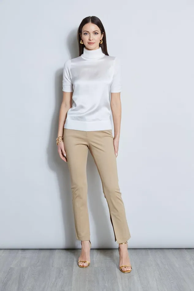 Elie Tahari Short Sleeve Satin Front Sweater Fresh Pearl Women Tops