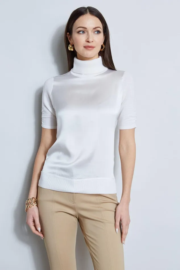 Elie Tahari Short Sleeve Satin Front Sweater Fresh Pearl Women Tops
