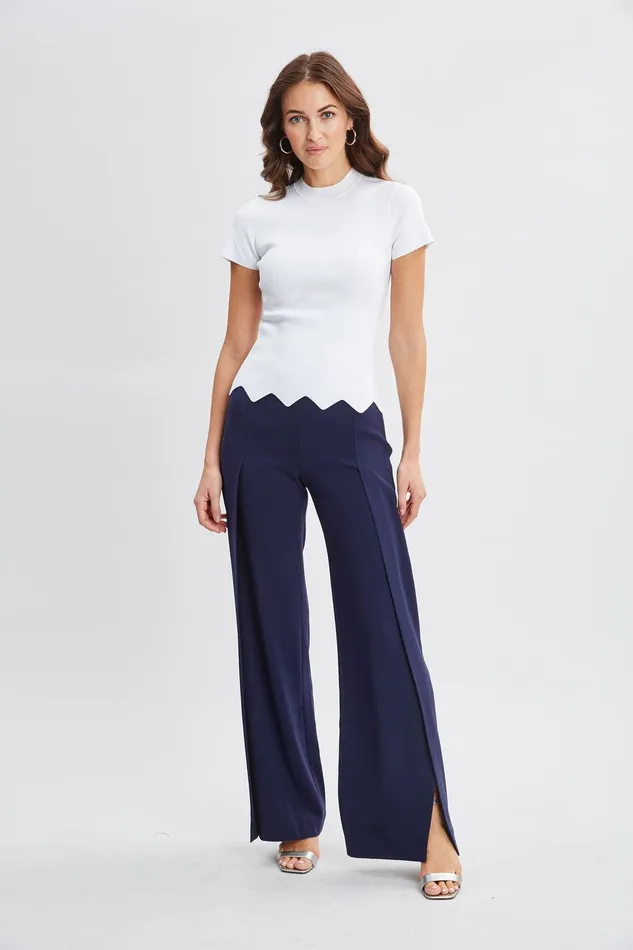 Elie Tahari Short Sleeve Scallop Sweater Pearl Women Tops