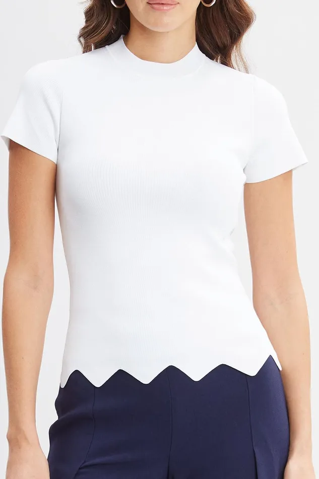 Elie Tahari Short Sleeve Scallop Sweater Pearl Women Tops