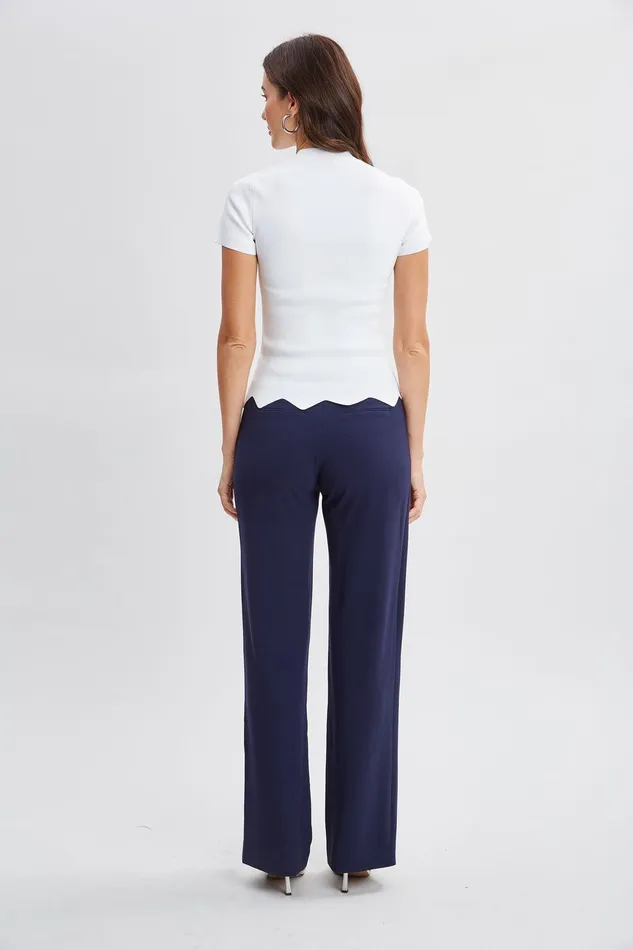 Elie Tahari Short Sleeve Scallop Sweater Pearl Women Tops