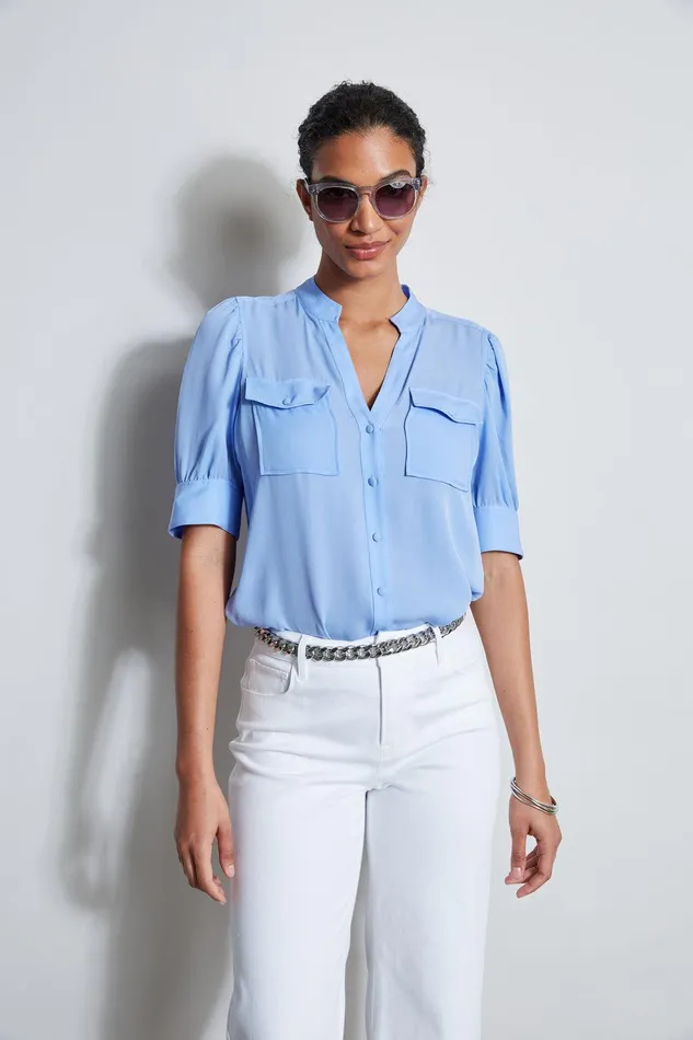 Elie Tahari Short Sleeve Silk Utility Shirt Horizon Blue Women Tops