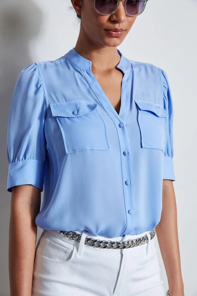 Elie Tahari Short Sleeve Silk Utility Shirt Horizon Blue Women Tops Elie Tahari Short Sleeve Silk Utility Shirt Horizon Blue Women Tops
