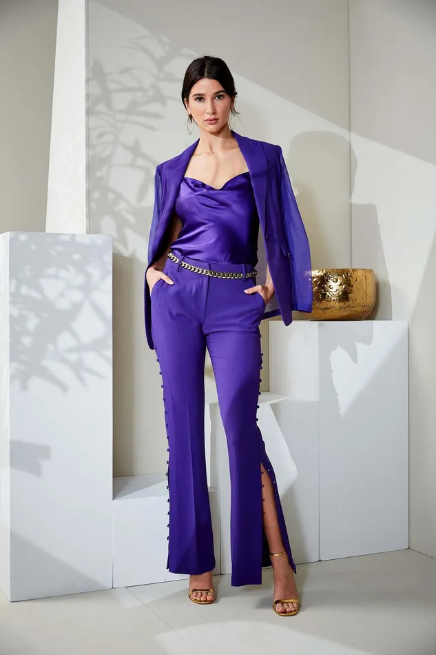 Elie Tahari Side Button Crepe Pant Grape Women Suiting