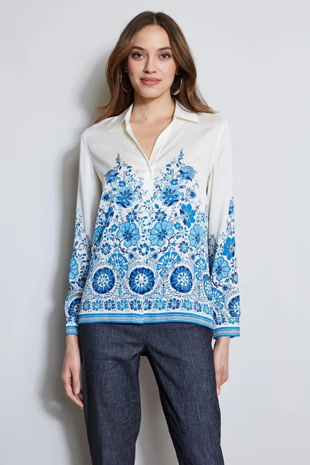 Elie Tahari Silk Cascade Garden Shirt Cascade Garden Print Women Tops