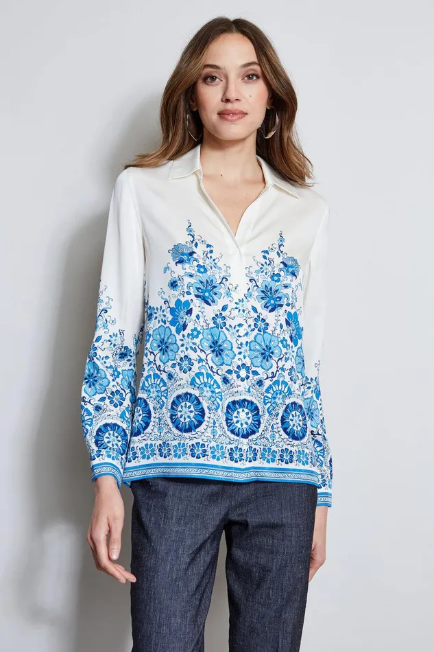 Elie Tahari Silk Cascade Garden Shirt Cascade Garden Print Women Tops