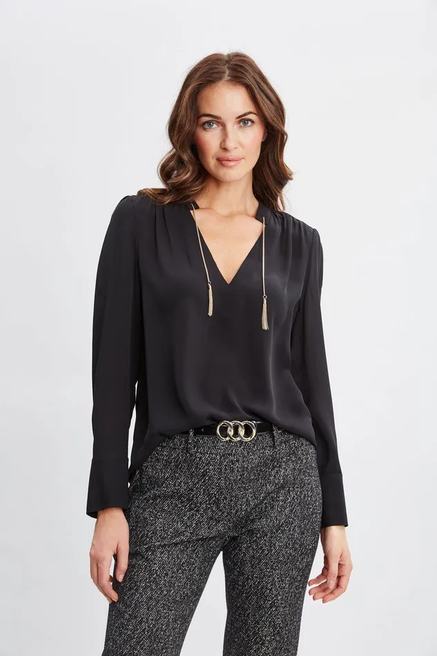 Elie Tahari Silk Chain Tassel Shirt Black Women Tops