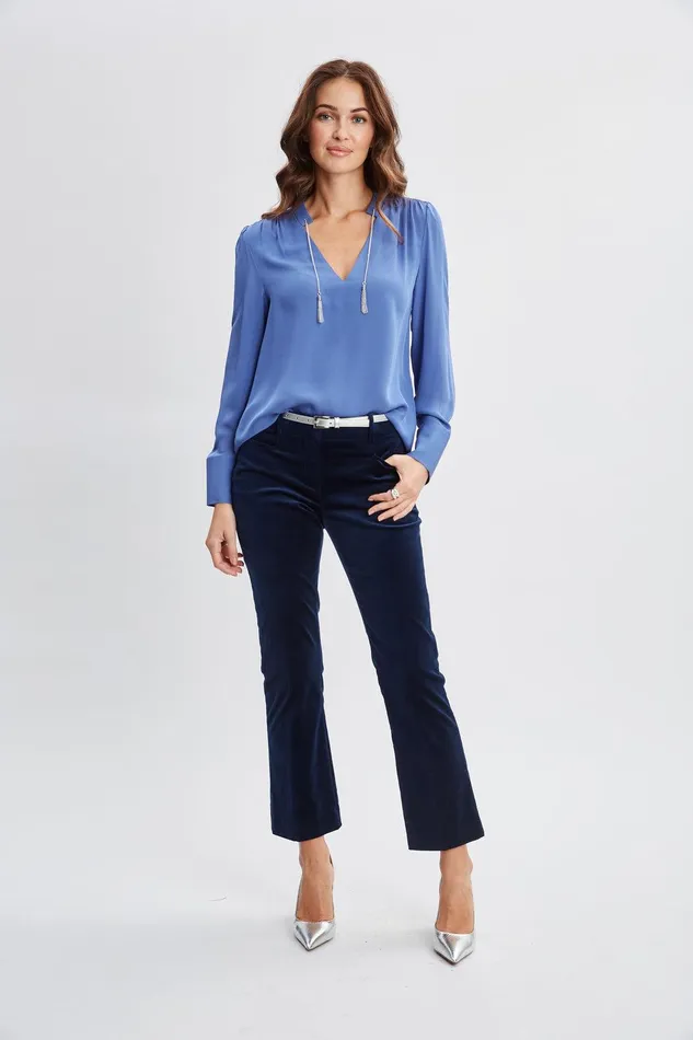 Elie Tahari Silk Chain Tassel Shirt Slate Blue Women Tops