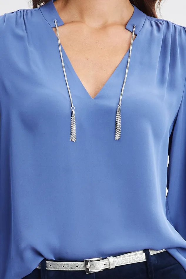 Elie Tahari Silk Chain Tassel Shirt Slate Blue Women Tops