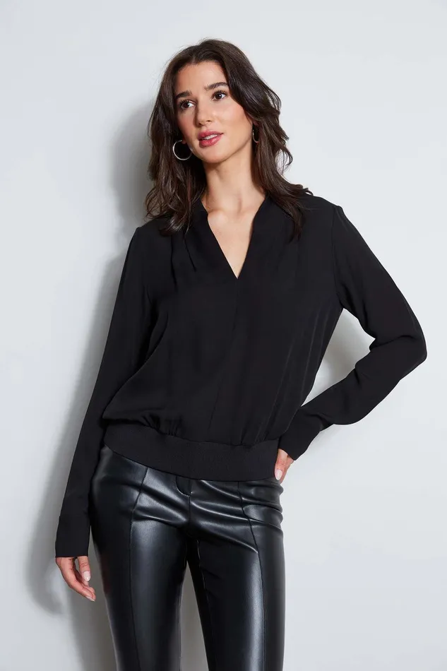 Elie Tahari Silk Contour Neck Rib Trim Shirt Black Women Tops