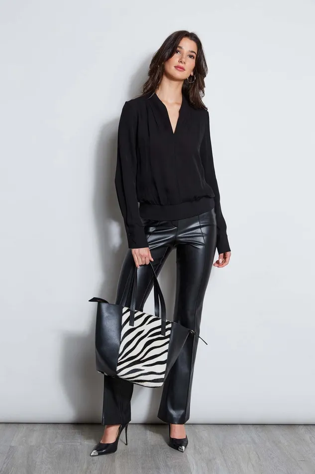 Elie Tahari Silk Contour Neck Rib Trim Shirt Black Women Tops