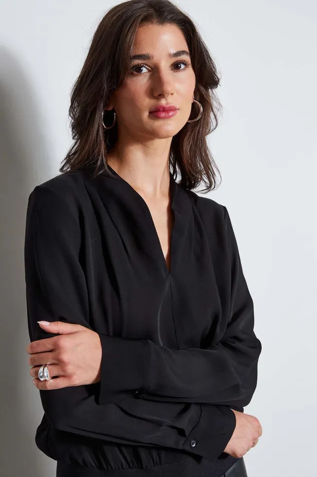 Elie Tahari Silk Contour Neck Rib Trim Shirt Black Women Tops