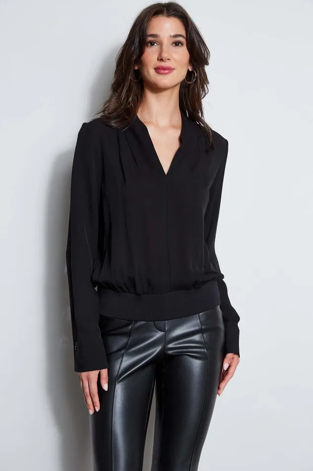 Elie Tahari Silk Contour Neck Rib Trim Shirt Black Women Tops