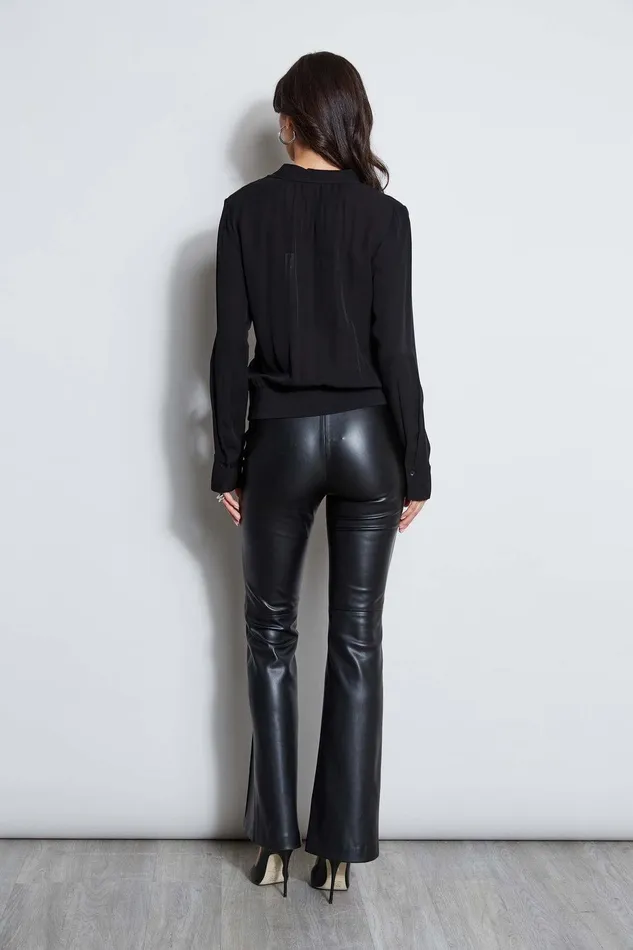 Elie Tahari Silk Contour Neck Rib Trim Shirt Black Women Tops