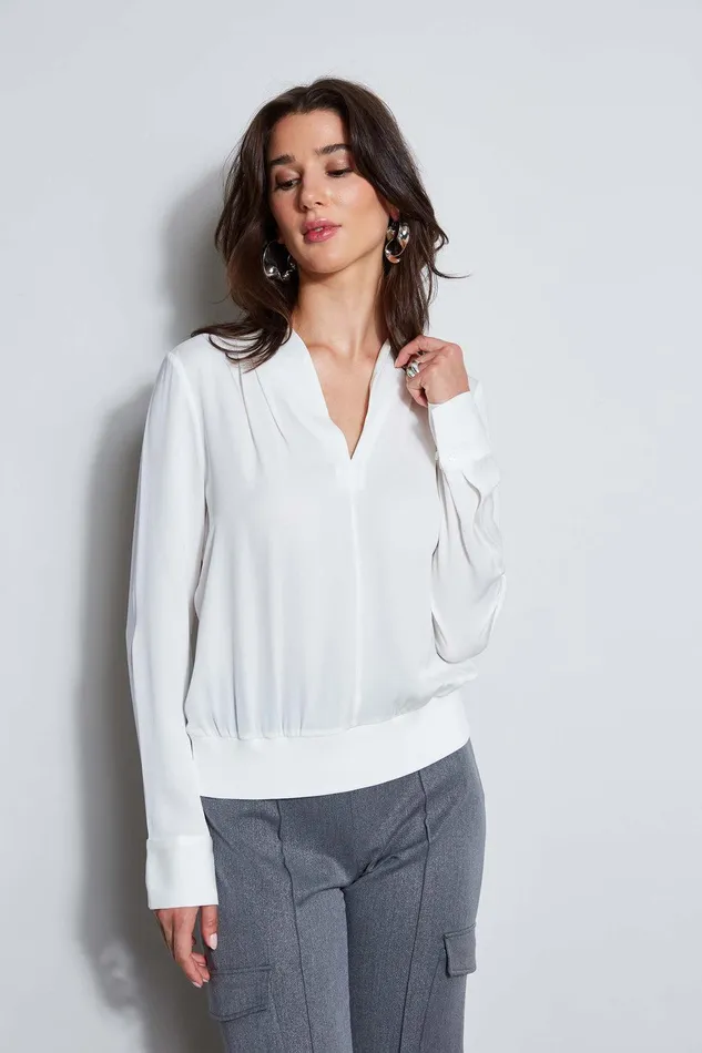 Elie Tahari Silk Contour Neck Rib Trim Shirt Fresh Pearl Women Tops