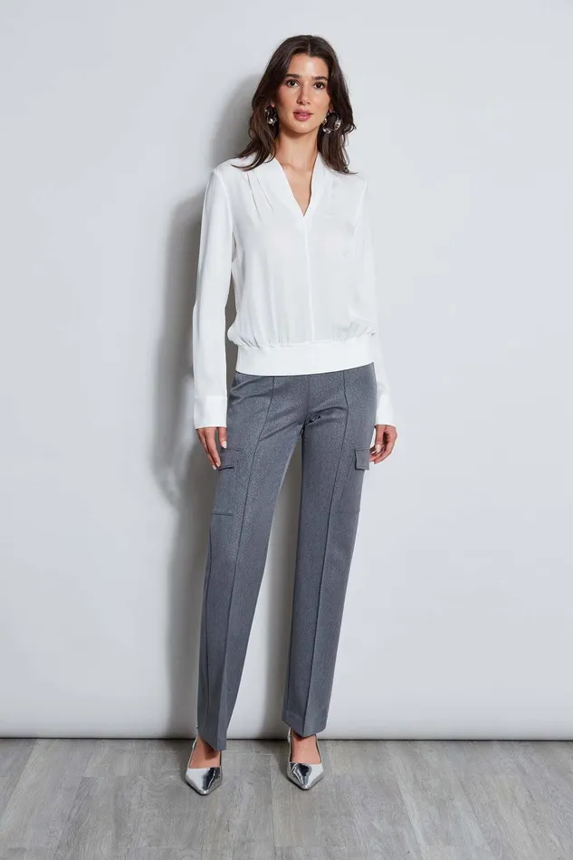 Elie Tahari Silk Contour Neck Rib Trim Shirt Fresh Pearl Women Tops