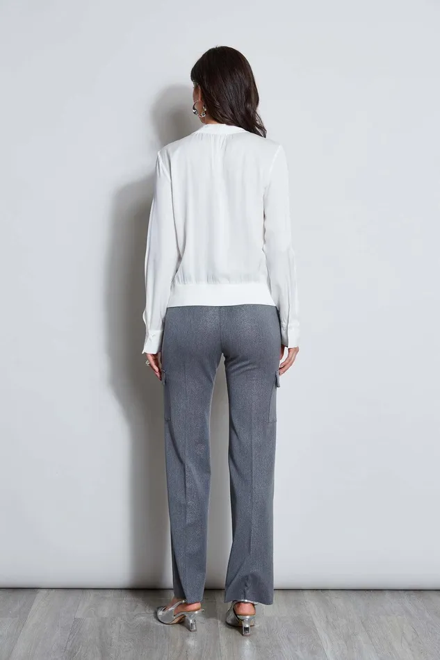 Elie Tahari Silk Contour Neck Rib Trim Shirt Fresh Pearl Women Tops