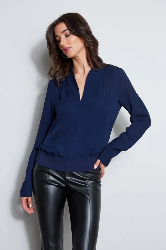 Elie Tahari Silk Contour Neck Rib Trim Shirt Galaxy Navy Women Tops