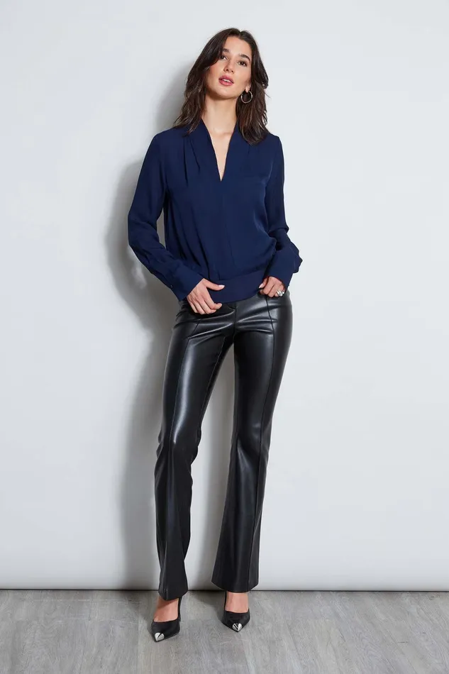 Elie Tahari Silk Contour Neck Rib Trim Shirt Galaxy Navy Women Tops