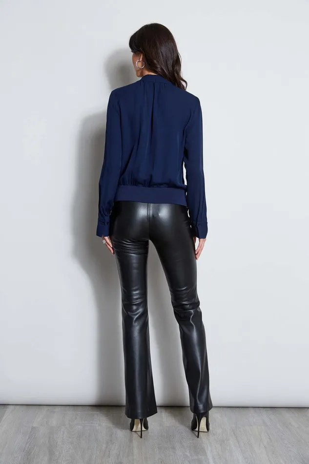 Elie Tahari Silk Contour Neck Rib Trim Shirt Galaxy Navy Women Tops