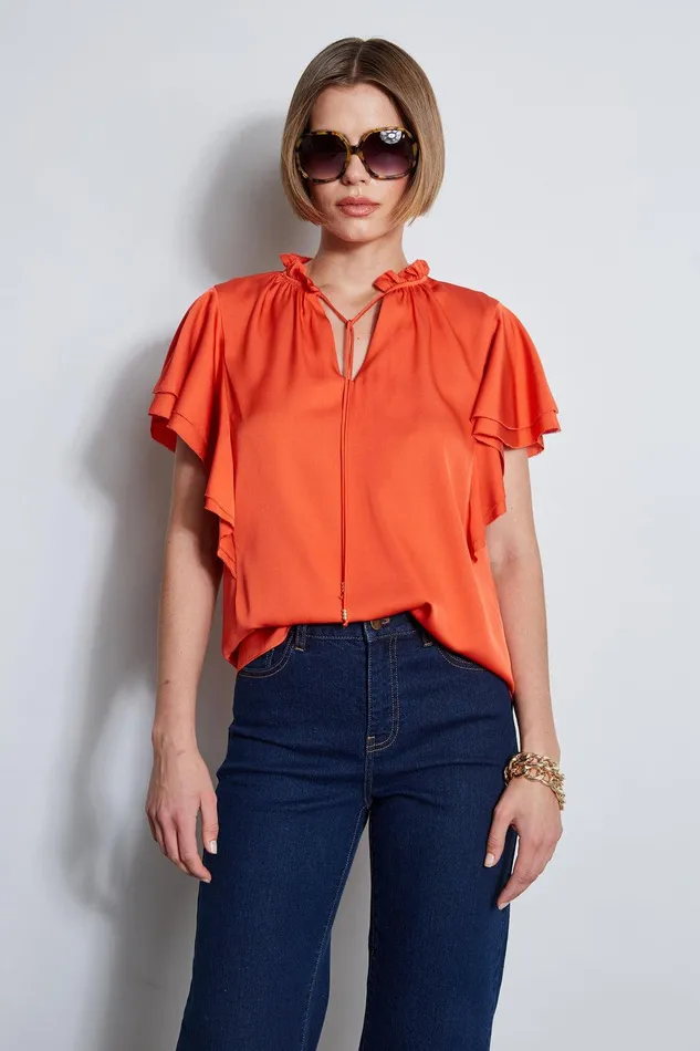 Elie Tahari Silk Flutter Sleeve Tie Shirt Jupiter Glow Women Tops