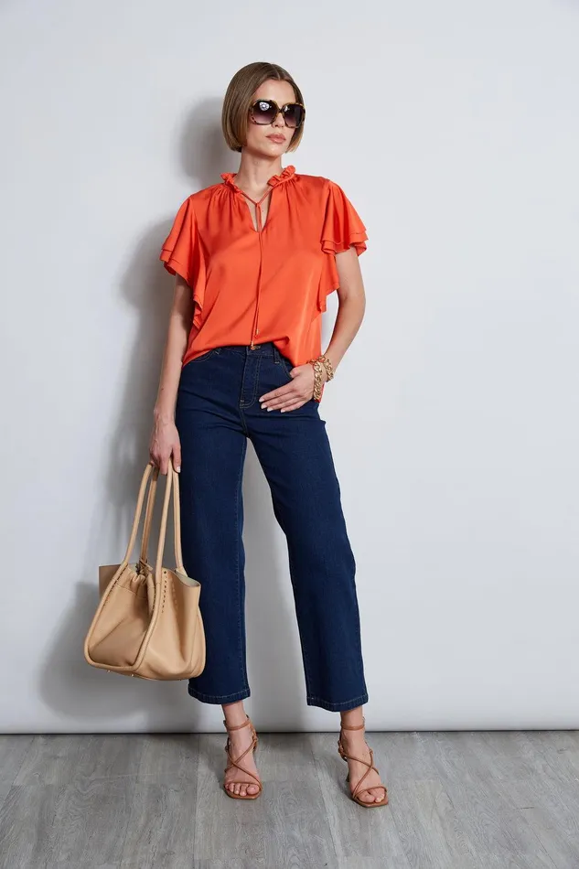 Elie Tahari Silk Flutter Sleeve Tie Shirt Jupiter Glow Women Tops