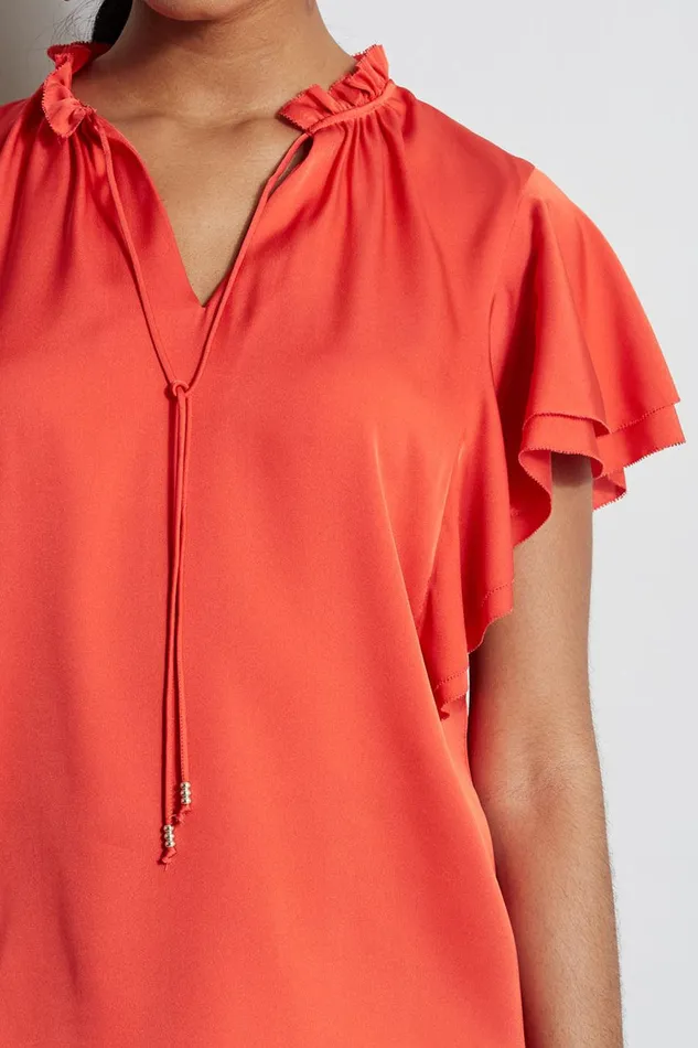 Elie Tahari Silk Flutter Sleeve Tie Shirt Jupiter Glow Women Tops