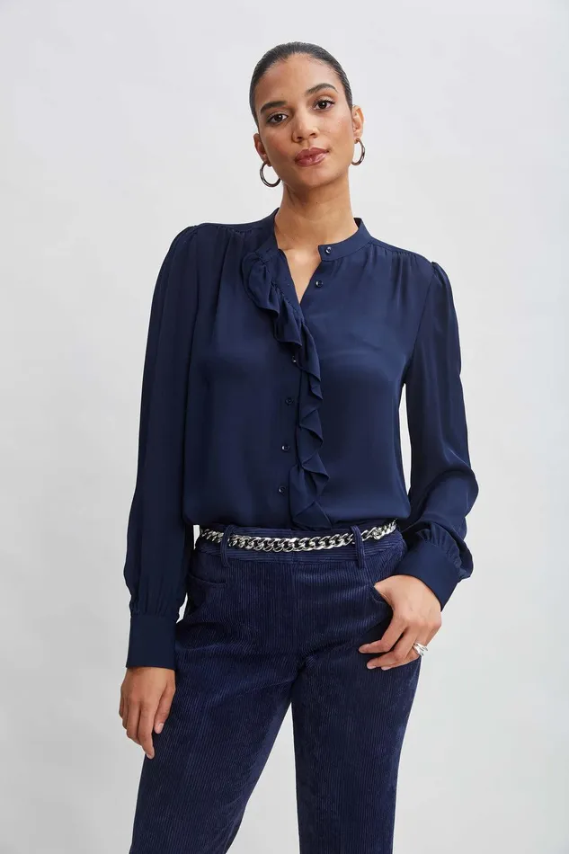 Elie Tahari Silk Ruffle Button Down Shirt Midnight Women Suiting