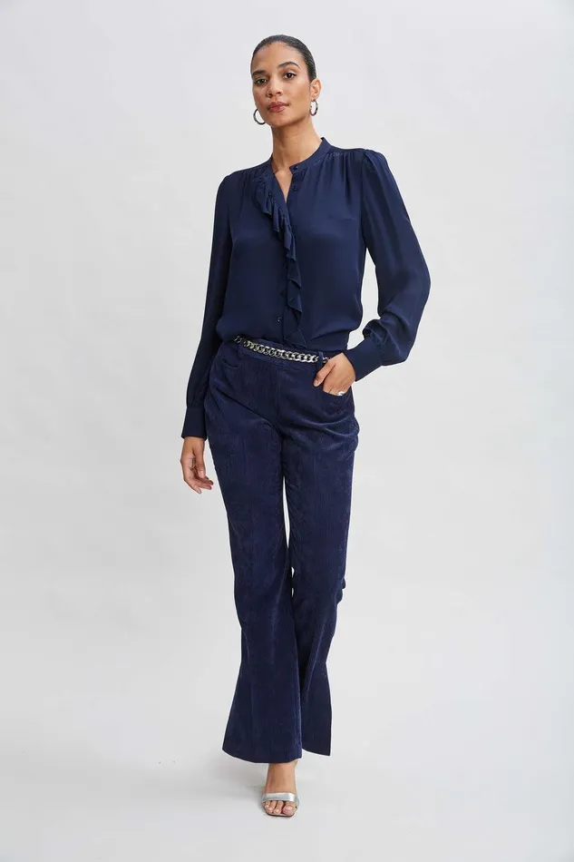Elie Tahari Silk Ruffle Button Down Shirt Midnight Women Suiting