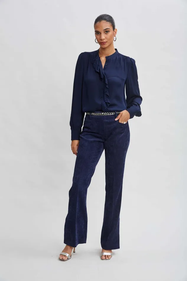 Elie Tahari Silk Ruffle Button Down Shirt Midnight Women Suiting