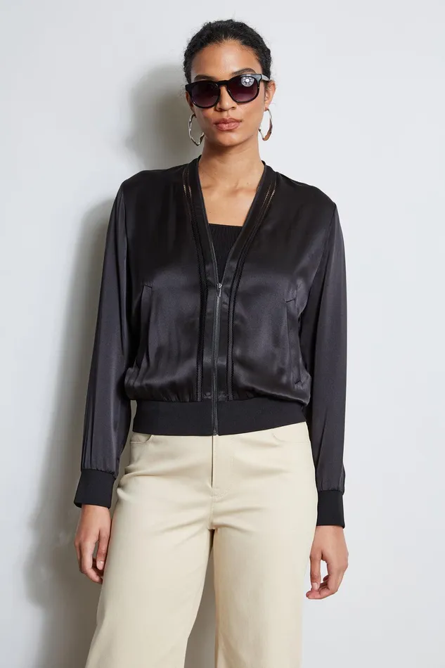 Elie Tahari Silk Satin Bomber Jacket Black Women Jackets and Blazers