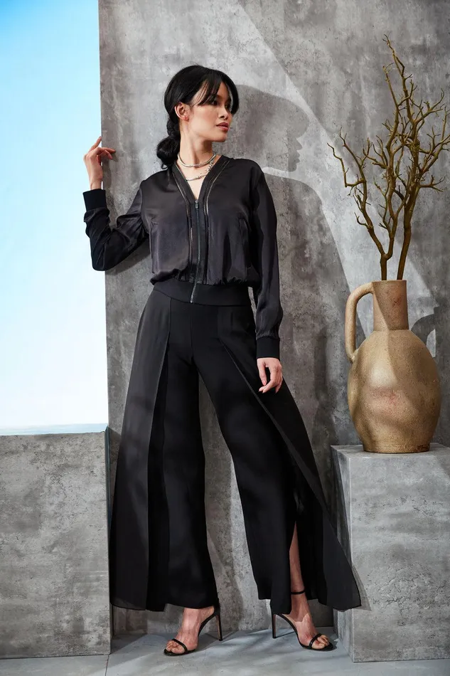 Elie Tahari Silk Satin Bomber Jacket Black Women Jackets and Blazers