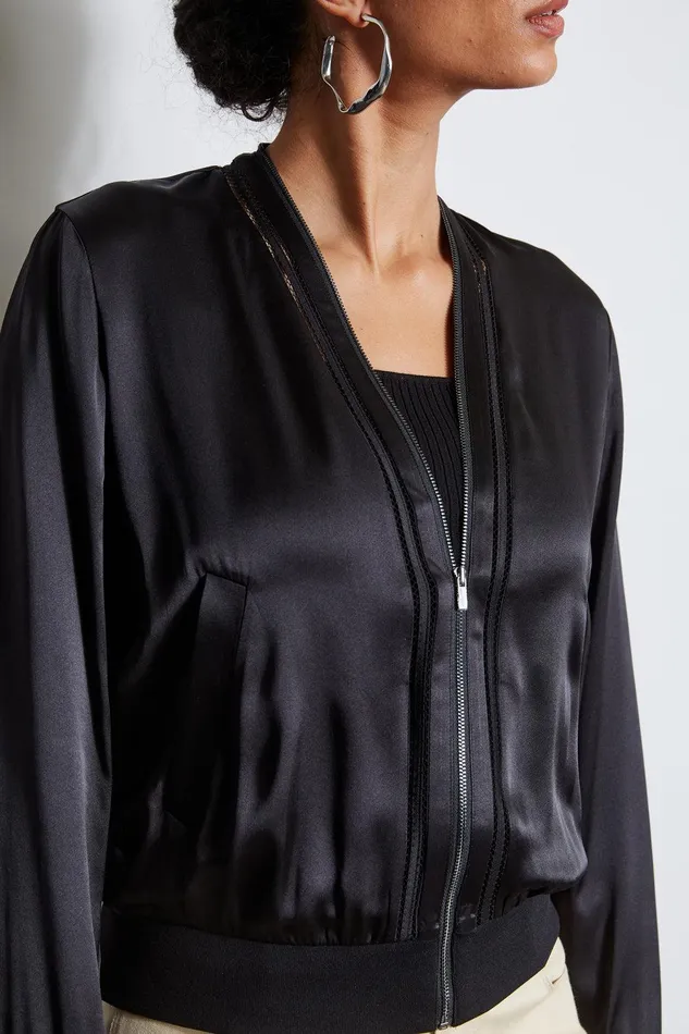 Elie Tahari Silk Satin Bomber Jacket Black Women Jackets and Blazers