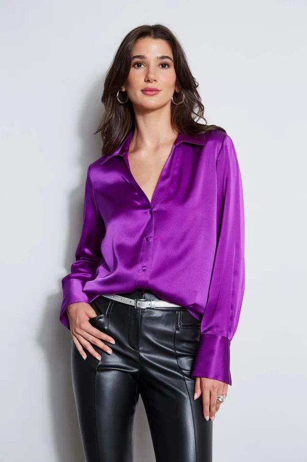 Elie Tahari Silk Satin Button Down Shirt Berry Women Tops