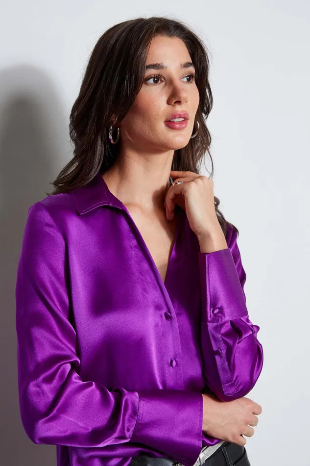 Elie Tahari Silk Satin Button Down Shirt Berry Women Tops