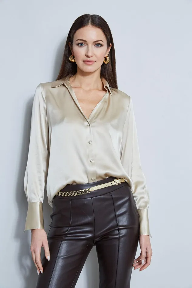 Elie Tahari Silk Satin Button Down Shirt Driftwood Women Tops