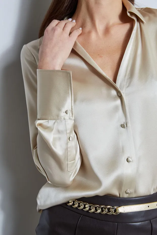 Elie Tahari Silk Satin Button Down Shirt Driftwood Women Tops