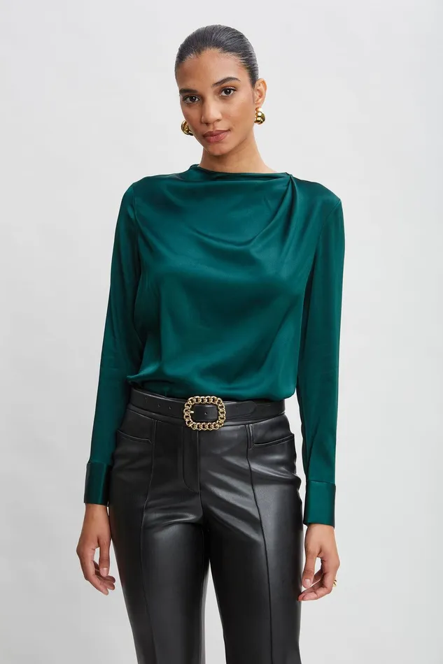 Elie Tahari Silk Satin Draped Neck Shirt Forest Green Women Tops