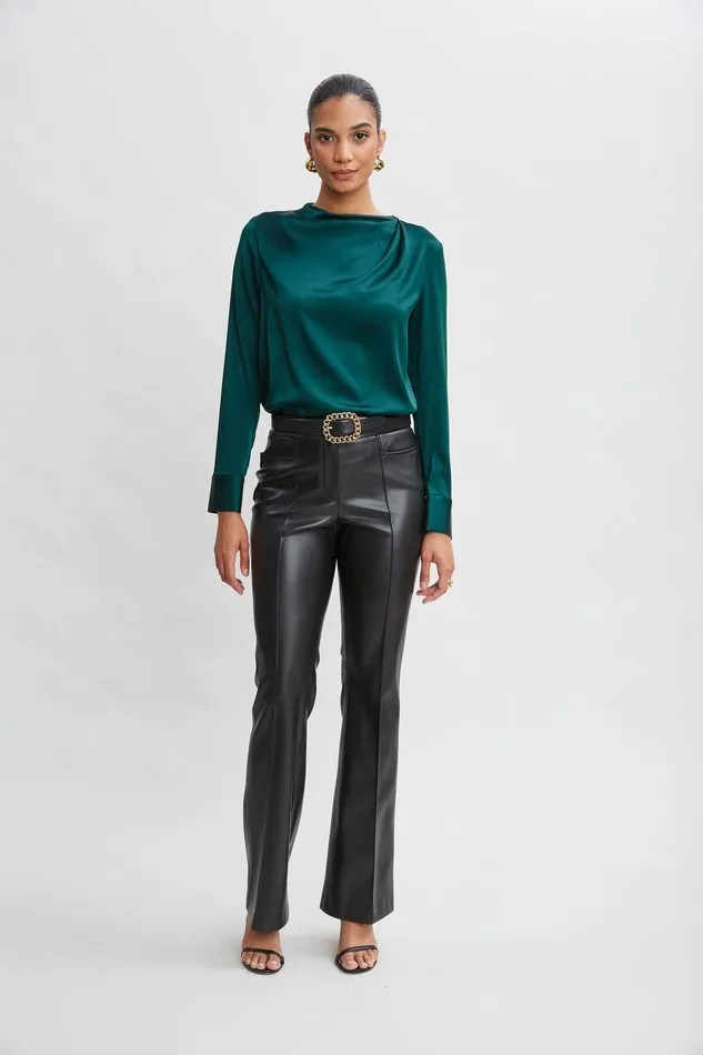 Elie Tahari Silk Satin Draped Neck Shirt Forest Green Women Tops