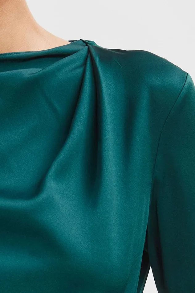 Elie Tahari Silk Satin Draped Neck Shirt Forest Green Women Tops